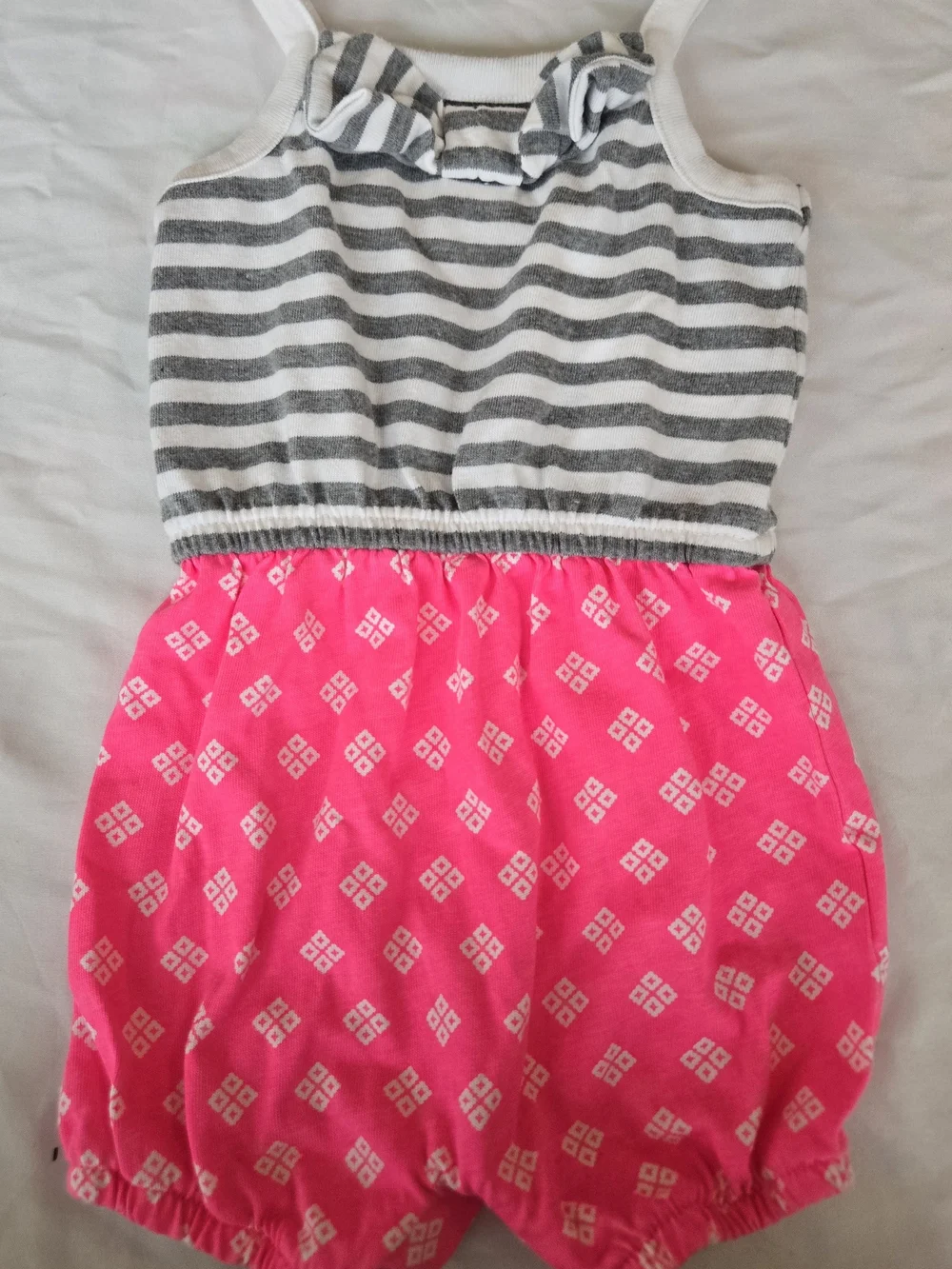 Cherokee Gray-White Striped Top with Hot Pink Patterned Bottom Romper